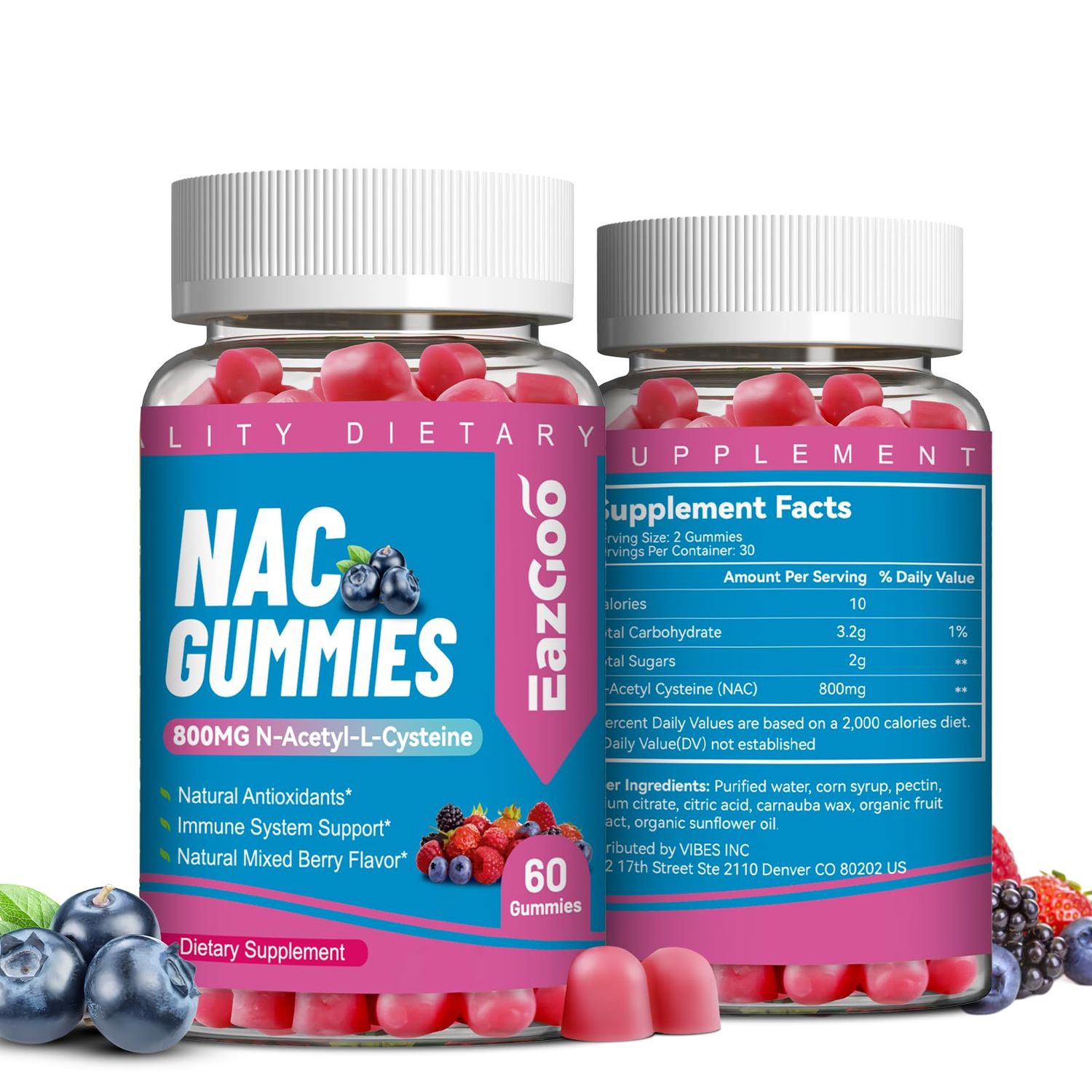 EAZGOO NAC Gummies 800mg, N-Acetyl Cysteine Supplement, NAC Supplement for Immune System &amp; Antioxidant, Non-GMO, Gluten Free, Vegan - 120 Counts