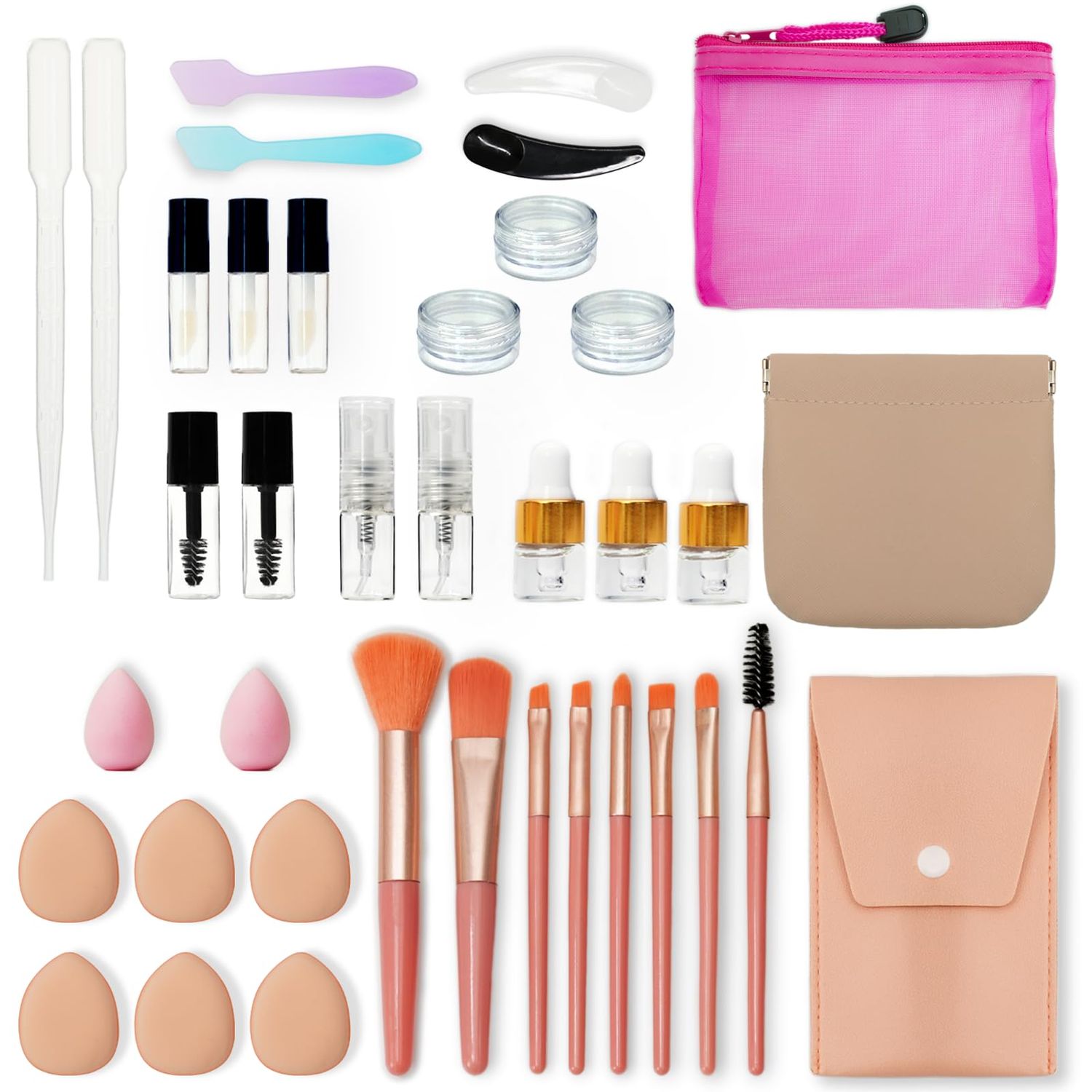 PrettyCare 38 pcs Mini Makeup Containers Set, Birthday Gifts for Women, Her, Mom, Travel Size Bottles Kits with Brushes, Mini Dropper Bottles, Spray Bottles, Lip Tubes for Skincare &amp; Essential Oil