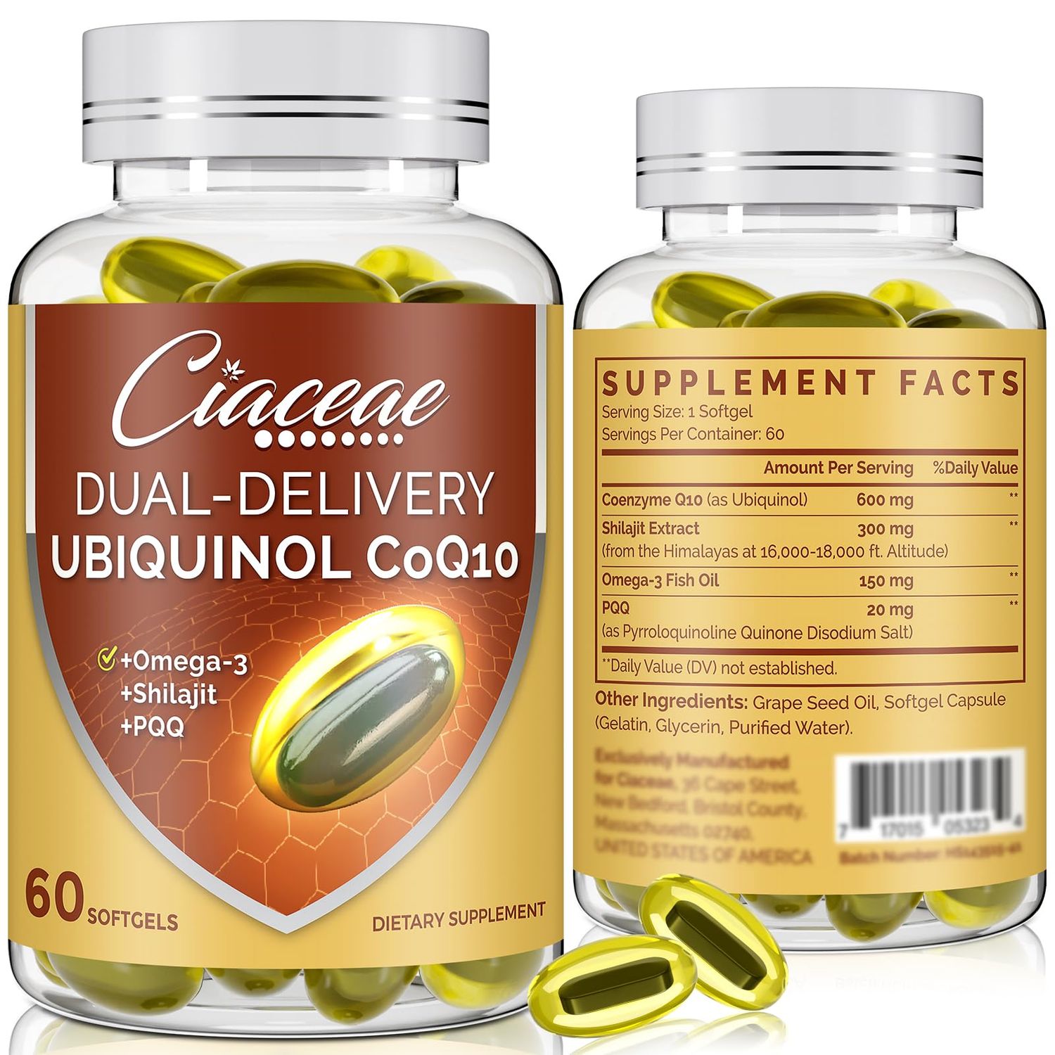 Ubiquinol CoQ10 600 MG Softgels with Omega-3 &amp; Shilajit &amp; PQQ, Advanced Dual-Delivery Coenzyme-Q10, Active CoQ10 Ubiquinol Supplement for Fertility, Antioxidant, Heart, Brain &amp; Energy, 120 Servings