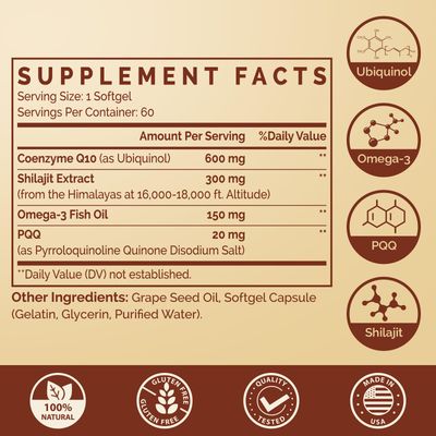 Ubiquinol CoQ10 600 MG Softgels with Omega-3 &amp; Shilajit &amp; PQQ, Advanced Dual-Delivery Coenzyme-Q10, Active CoQ10 Ubiquinol Supplement for Fertility, Antioxidant, Heart, Brain &amp; Energy, 120 Servings