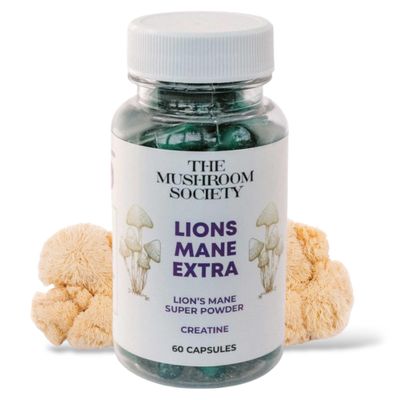 The Mushroom Society Lions Mane Extra Supplement - Lions Mane Super Powder &amp; Creatine - Mushrooms Supplement for Energy, Performance &amp; Focus - 60 Capsules