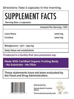 The Mushroom Society Lions Mane Extra Supplement - Lions Mane Super Powder &amp; Creatine - Mushrooms Supplement for Energy, Performance &amp; Focus - 60 Capsules