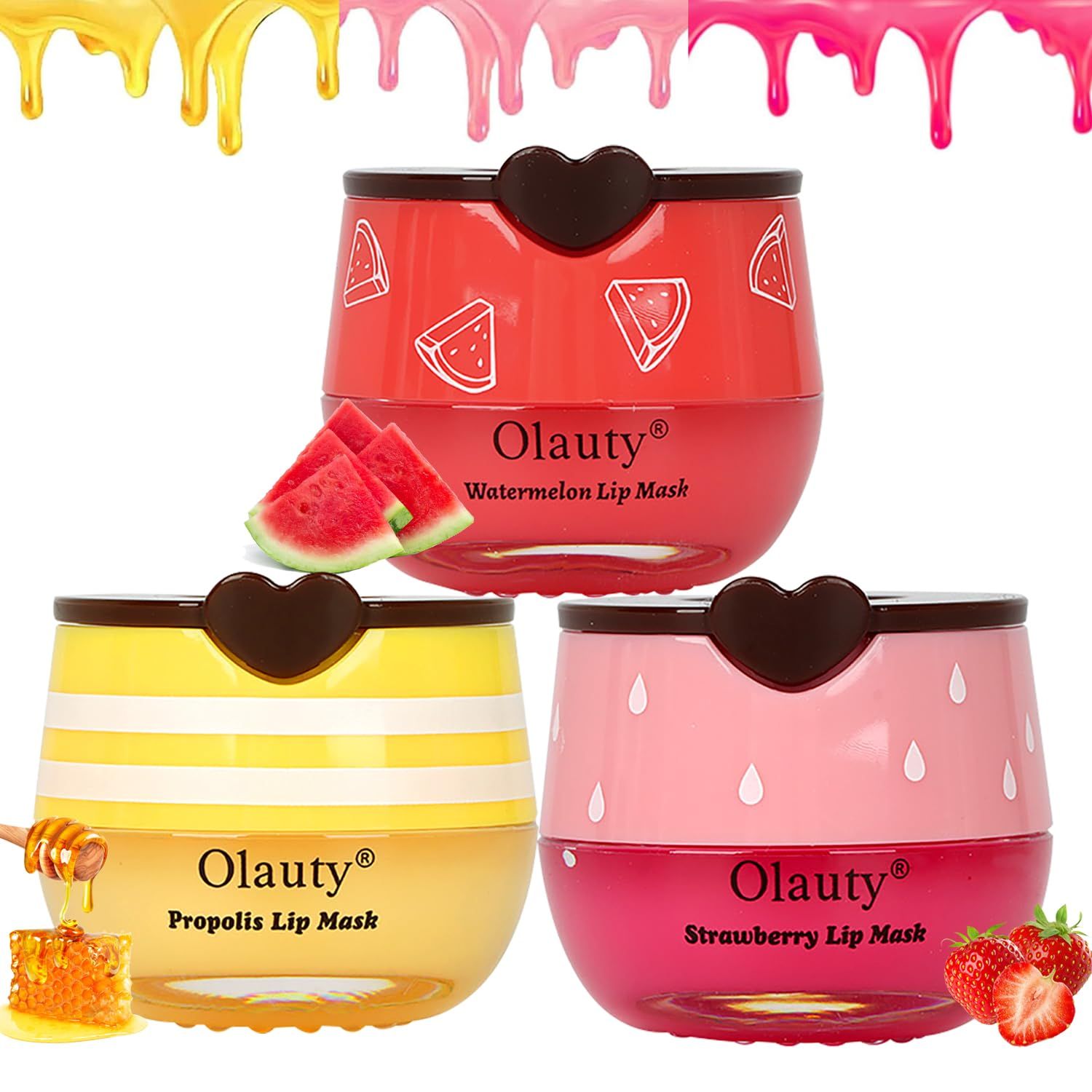3PCS Bee Lip Balm Honey Pot,Honey Strawberry Watermelon Lip Mask Overnight Moisturizing Lip Balm,Hydrating Prevention Dry &amp; Cracked Nourishing Sleeping Lip Mask (HoneyStrawberryWatermelon)