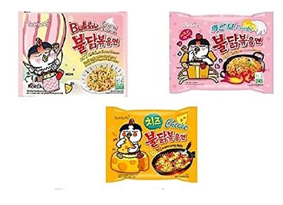 Samyang Korean Buldak Cream Carbonara Noodles PK1 &amp; Buldak Carbo Noddles PK1 &amp; Buldak Cheese Pk1(420Gm)(Imported) Pack of 3 (Non - Vegetrian)