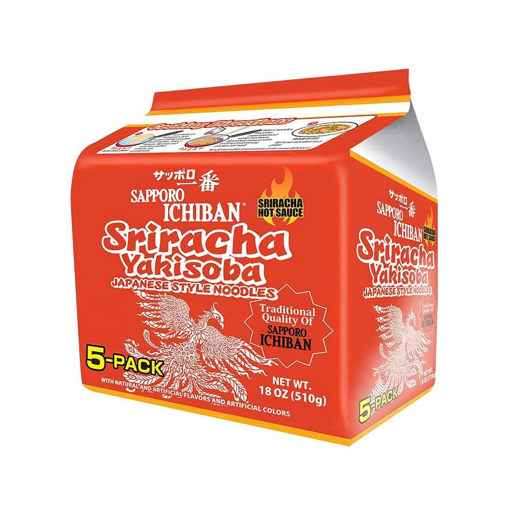 SAPPORO ICHIBAN Sriracha Yakisoba, Spicy Chow Mein, No. 1 Tasting Japanese Instant Noodles (3.6 Oz/102 g) (5 Packs)