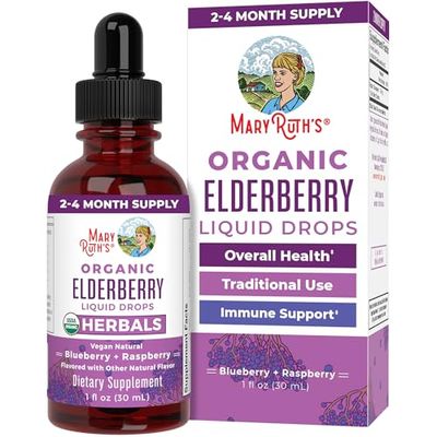 MaryRuth Organics Elderberry Syrup | USDA Organic | Sugar Free Immune Support Supplement for Adults &amp; Kids, Ages 1 | Vegan, Non-GMO, Immune Boosters, Clean Label Project Verified | 1 Fl Oz