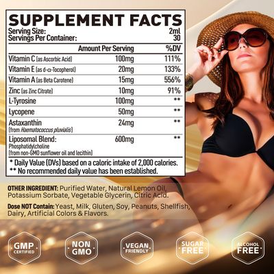 Elysx Liposomal Tanning Drops to Drink, Drinkable Liquid Astaxanthin 24mg with Lycopene, L-Tyrosine &amp; Vitamins, Natural Tanning Support &amp; Skin Health, Lemon Flavor, Sugar Free, 2 FL OZ