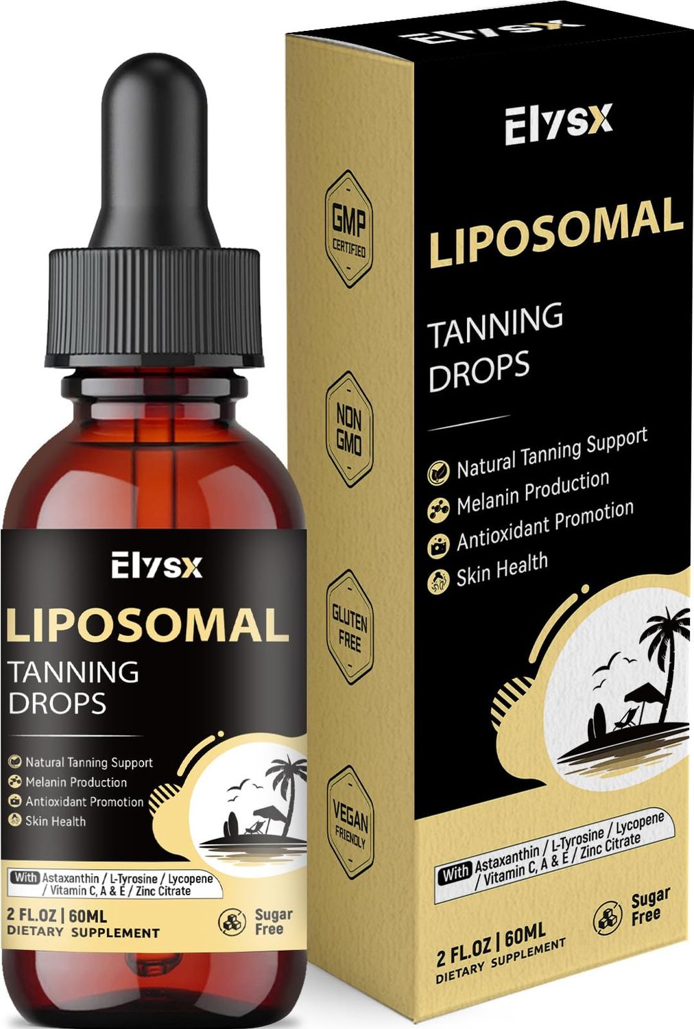 Elysx Liposomal Tanning Drops to Drink, Drinkable Liquid Astaxanthin 24mg with Lycopene, L-Tyrosine &amp; Vitamins, Natural Tanning Support &amp; Skin Health, Lemon Flavor, Sugar Free, 2 FL OZ
