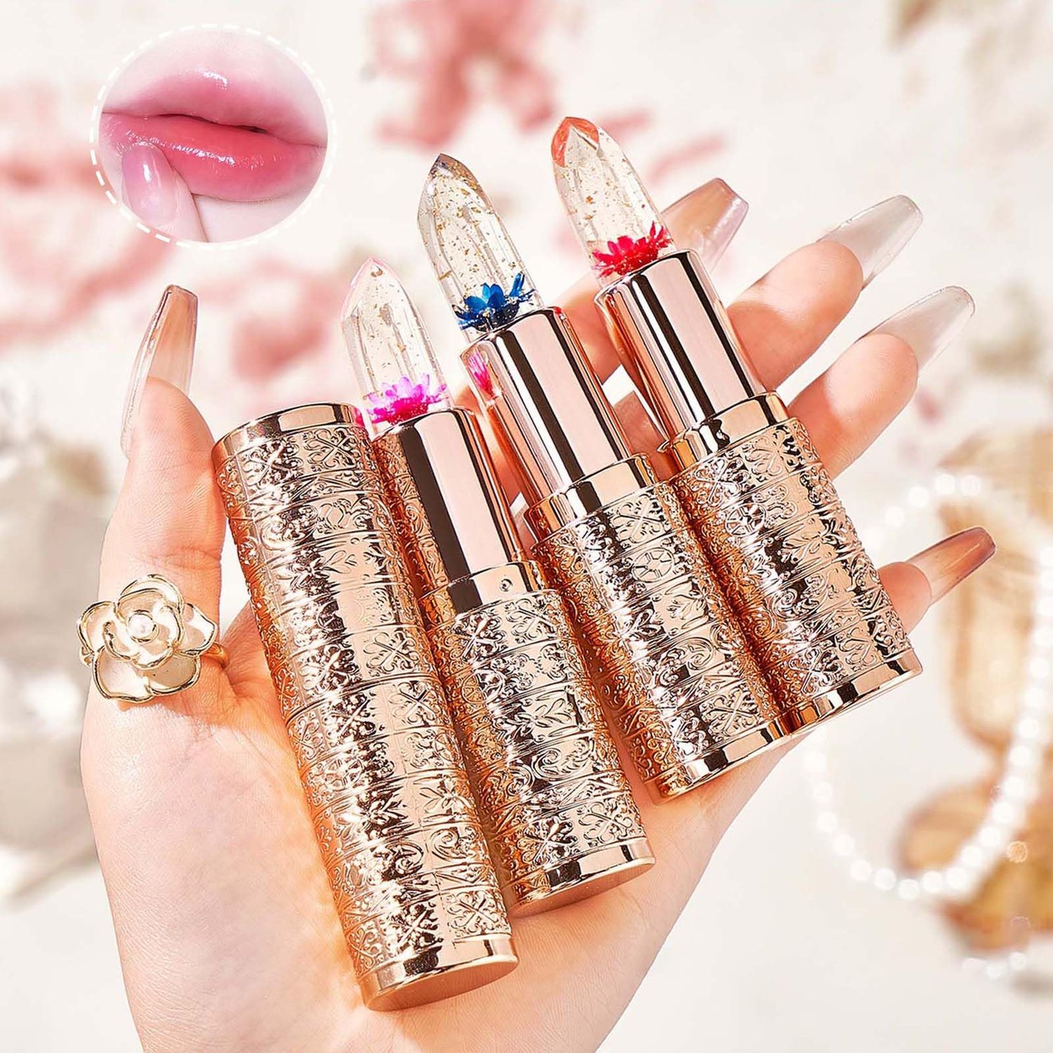 KTouler 3Pcs Flower Jelly Transferproof Lipstick Set,Long Lasting Ph Red Pink Moisturizer Lip Balm,Hydrating Temperature Color Change Lipstick for Women