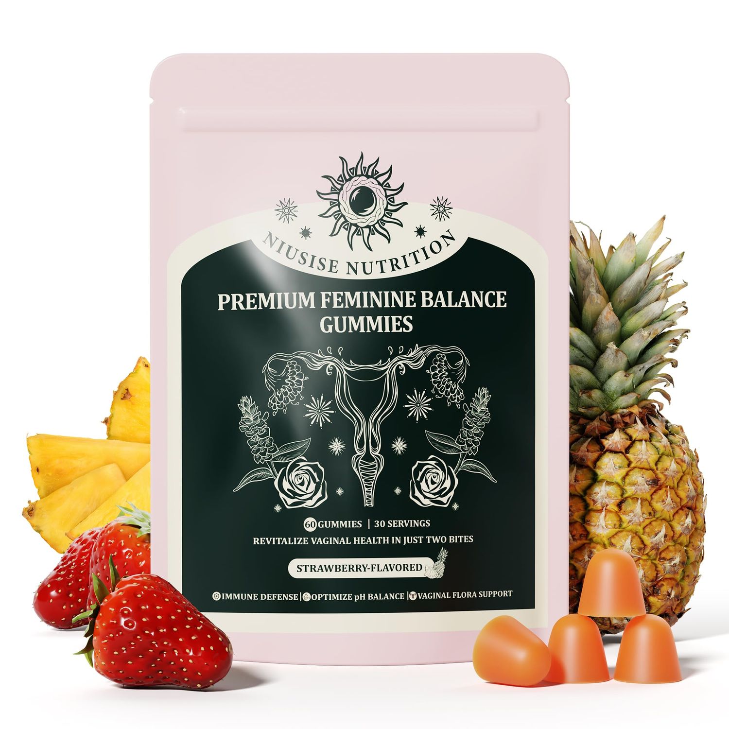 NIUSISE Feminine Balance Gummies, Premium Balance Supplement for Women PH Health, Immune Support, Energy Support, Vegan, Gluten-Free, Strawberry Flavor, 60 Gummies, 30 Servings 1 Pack