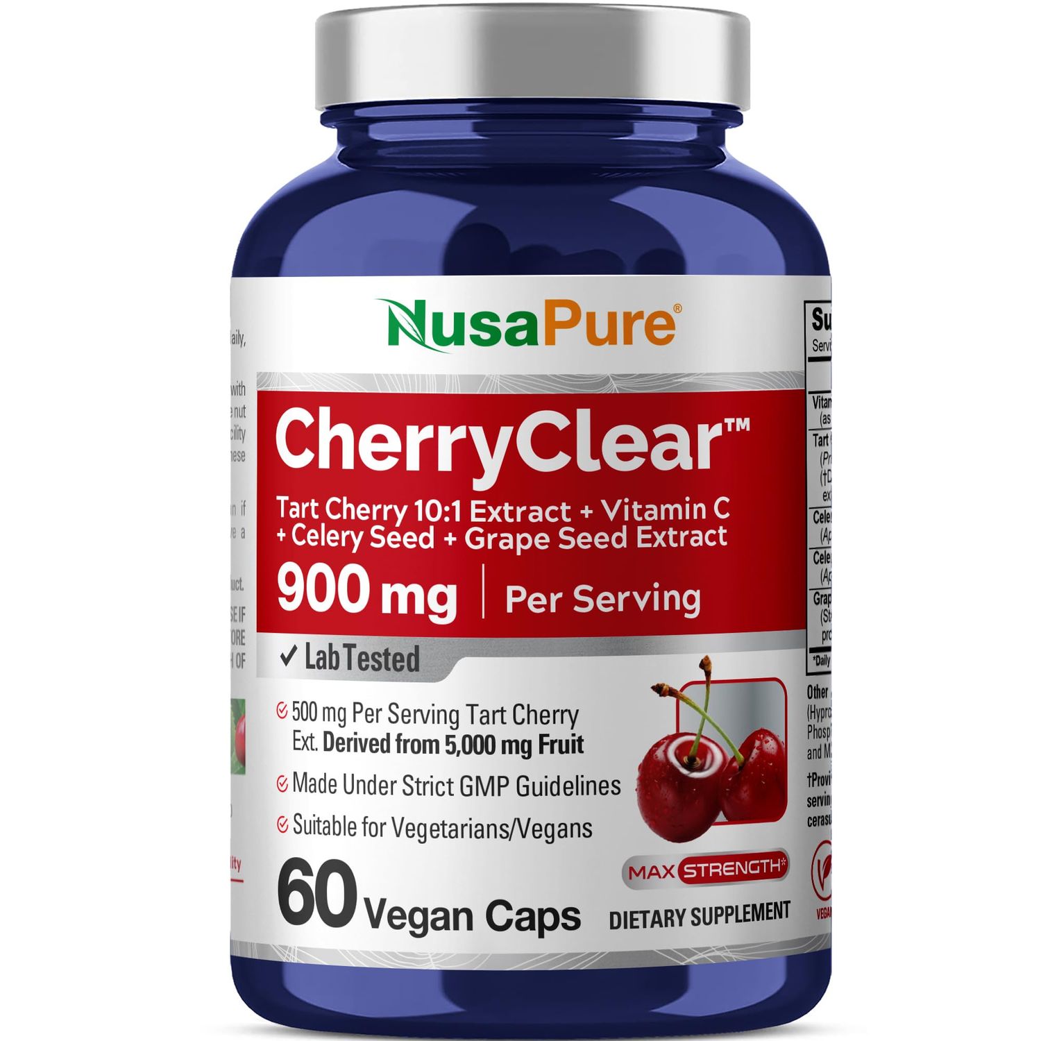 NusaPure CherryClear Tart Cherry 10:1 Extract, 500 mg Equivalent to 5,000mg Vitamin C Cherry Seed Grape Seed 900mg Per Vegan Caps 60 Count