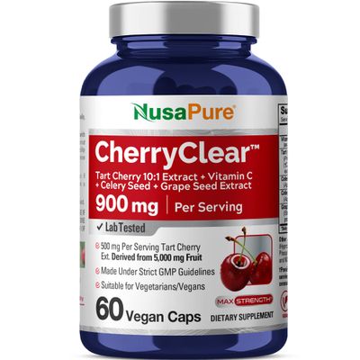 NusaPure CherryClear Tart Cherry 10:1 Extract, 500 mg Equivalent to 5,000mg Vitamin C Cherry Seed Grape Seed 900mg Per Vegan Caps 60 Count