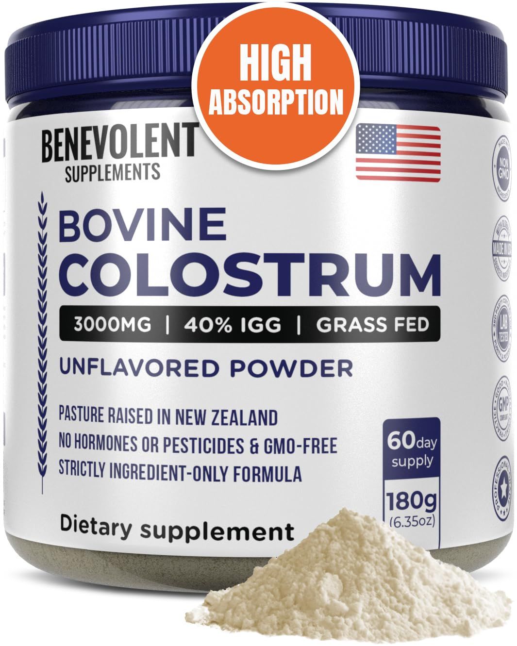 Bovine Colostrum Powder Supplement (3000mg 40 IgG No Fillers) Supports Gut &amp; Digestive Health, Muscle Recovery &amp; Growth, Immune Support - Unflavored &amp; Easy to Mix - Grass Fed - 60 servings