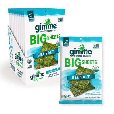 Gimme Seaweed Organic Premium Roasted Seaweed Big Sheets, Sea Salt, Keto, Vegan, Gluten-Free, Great Source of Omega3s and Iodine, Healthy On-The-Go Snack for Kids and Adults, 0.92oz (Pack of 10)
