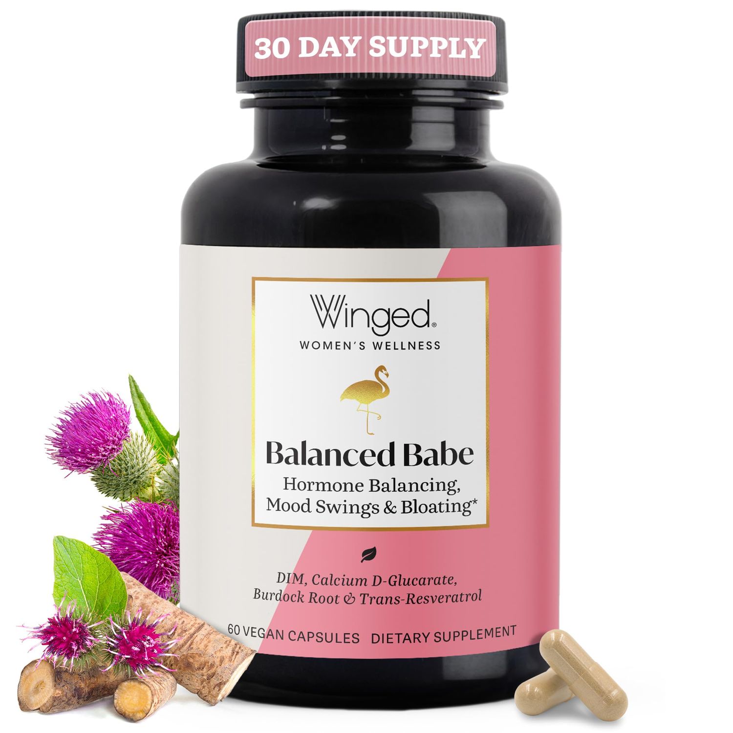 Winged Wellness Balance Babe, Hormone Balance &amp; Estrogen Detox Supplement for Women - 100mg DIM &amp; Calcium D-Glucarate &amp; Milk Thistle for PMS Bloating, Cramps, Mood &amp; Hormonal Acne Support, 60 Capsules