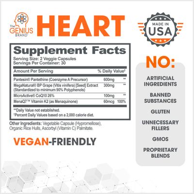 The Genius Brand - Genius Heart, 60 Veggie Pills - Natural Support Supplement May Help Cholesterol Levels and May Help Improve Healthy Blood Pressure - Grape Seed Extract, Vitamin K2 &amp; CoQ10