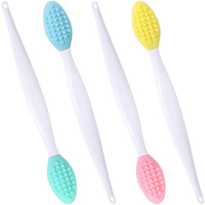 Winsyison 4pcs Silicone Lip Scrub Brush, Double-Sided Lip Exfoliator Brush for Dark Lips, Oval Lip Scrubber Tool for Removing Dead Skin- Pink &amp; Yellow &amp; Blue &amp; Green