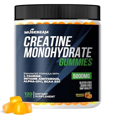 musebeam Creatine Monohydrate 5000mg Supplement Gummies - with L-Taurine Betaine Anhydrous Alpha-GPC BCAA 2:1:1 - Sugar-Free Gluten Free for Men Women