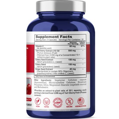 NusaPure CherryClear Tart Cherry 10:1 Extract, 500 mg Equivalent to 5,000mg Vitamin C Cherry Seed Grape Seed 900mg Per Vegan Caps 60 Count