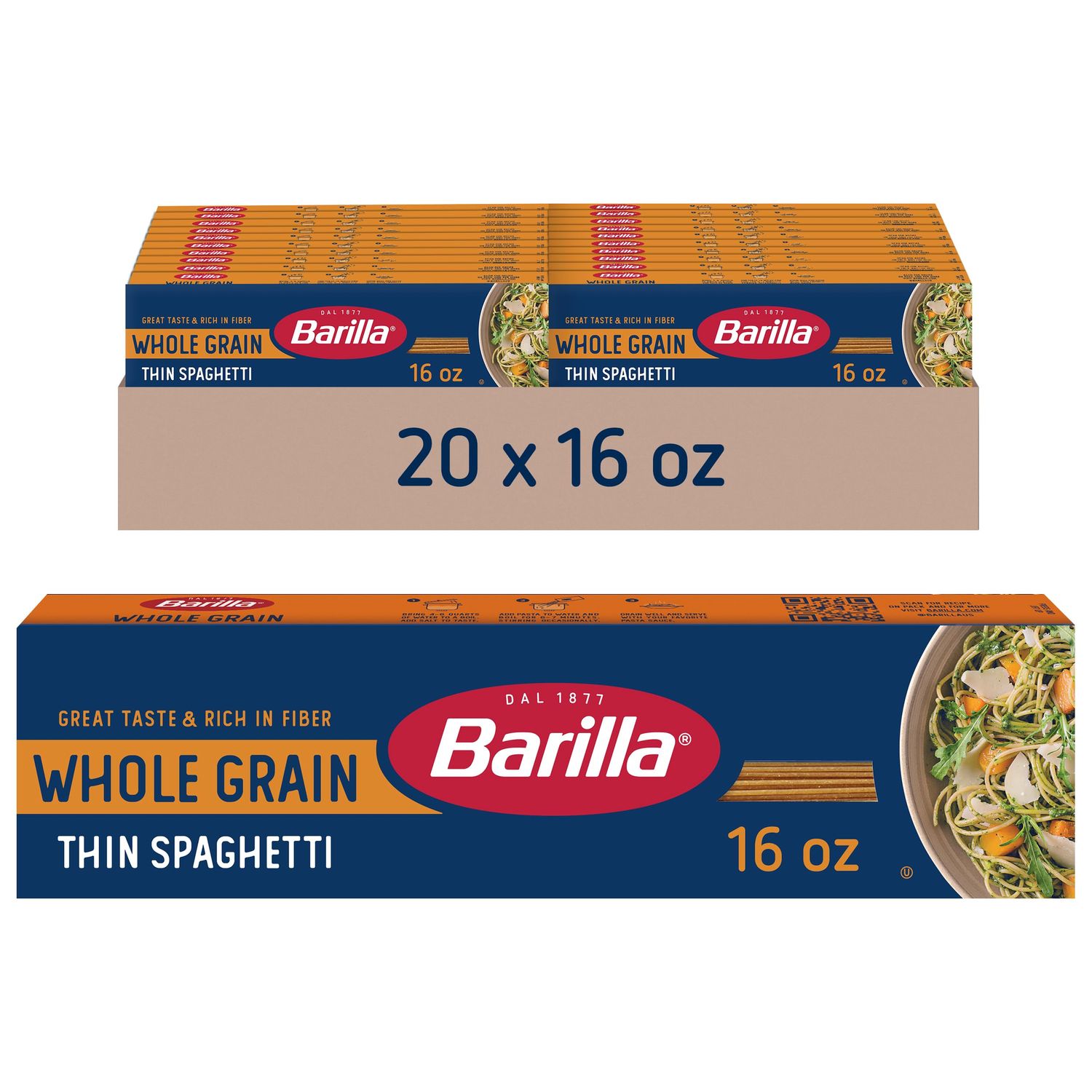 Barilla Whole Grain Thin Spaghetti, 16 oz. Box - Non-GMO Pasta Made With 100 Whole Grain Durum Wheat - Great Source of Fiber (Pack of 20)