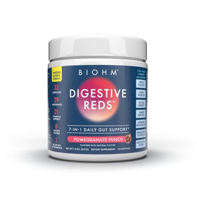 BIOHM Digestive Reds, Superfood Powder (7.4 Oz, 30 Servings) Antioxidants, Vitamins, Probiotics, Digestive Health for Women and Men with Enzymes, Beets, Goji, Pomegrante, Red Berry Flavor