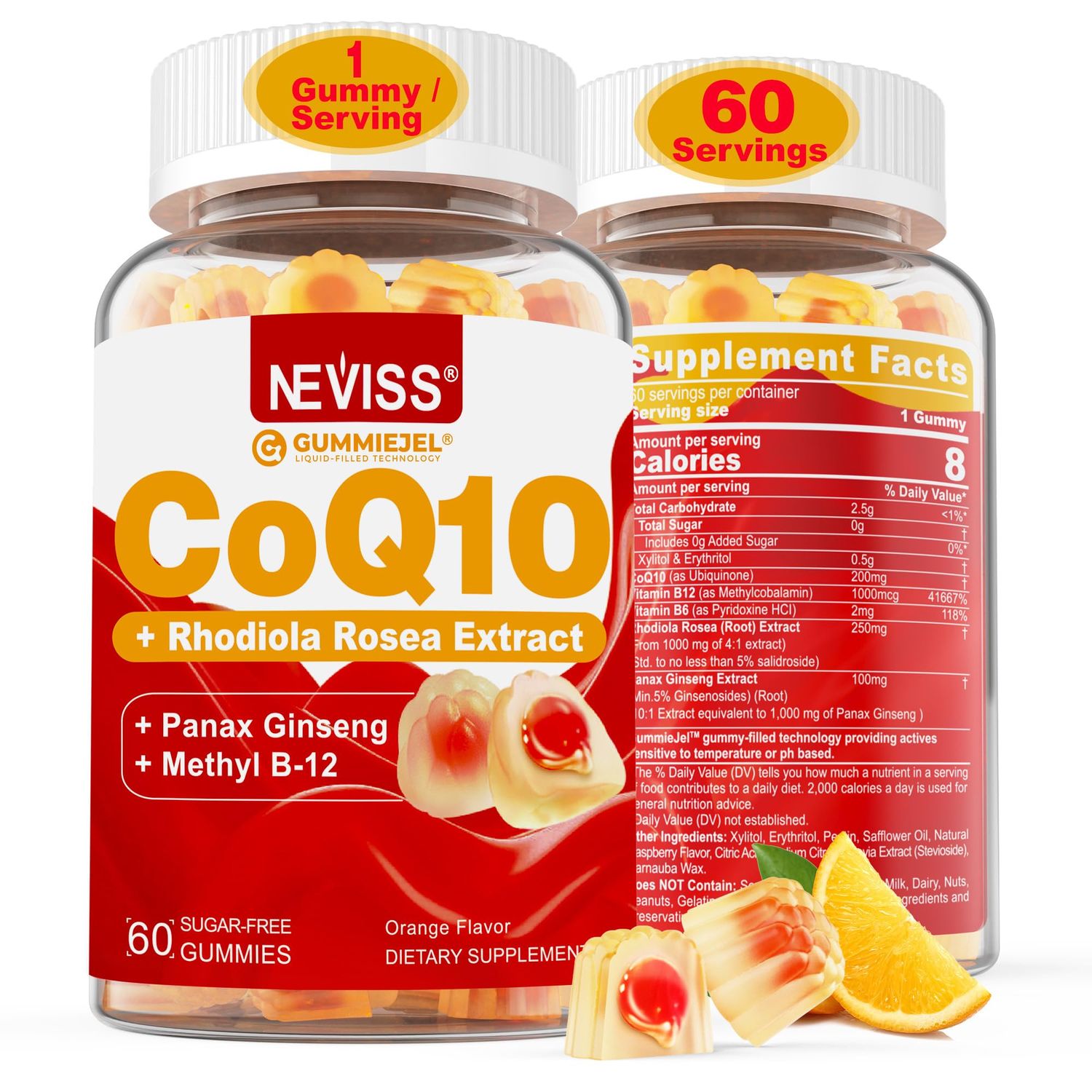 Sugar Free CoQ10-200mg 400mg Filled Gummies - 2 Months Supply - w/ Vitamin B12 1000mcg, Rhodiola Rosea &amp; Panax Ginseng, B6, Coenzyme Q10 Supplement for Hear-t, Energy, Antioxidant, Ultra Absorption