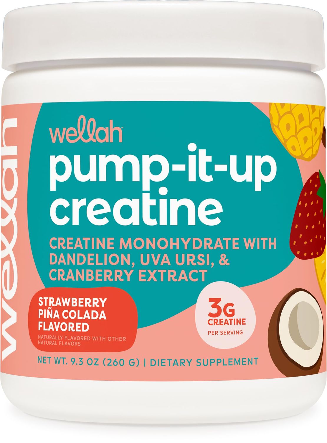 Wellah Pump-It-Up Creatine (50 Servings, Strawberry Pina Colada) - Creatine Monohydrate with Dandelion, Uva Ursi, &amp; Cranberry Extract