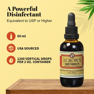 J.CROW'S Lugol's Solution of Iodine 2 2 oz (1 Bottle) - Premium Potassium Iodide Liquid, Supports Thyroid &amp; Energy, Gluten &amp;, Alcohol-Free Natural Brine Extract, No Expiration