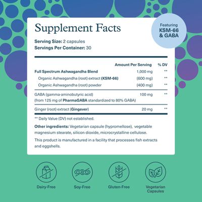 Youtheory Ashwagandha GABA - Uses KSM-66-1,000 mg Ashwagandha &amp; 100 mg GABA - Cortisol, Stress &amp; Memory Support Supplement - 60 Vegetarian Capsules