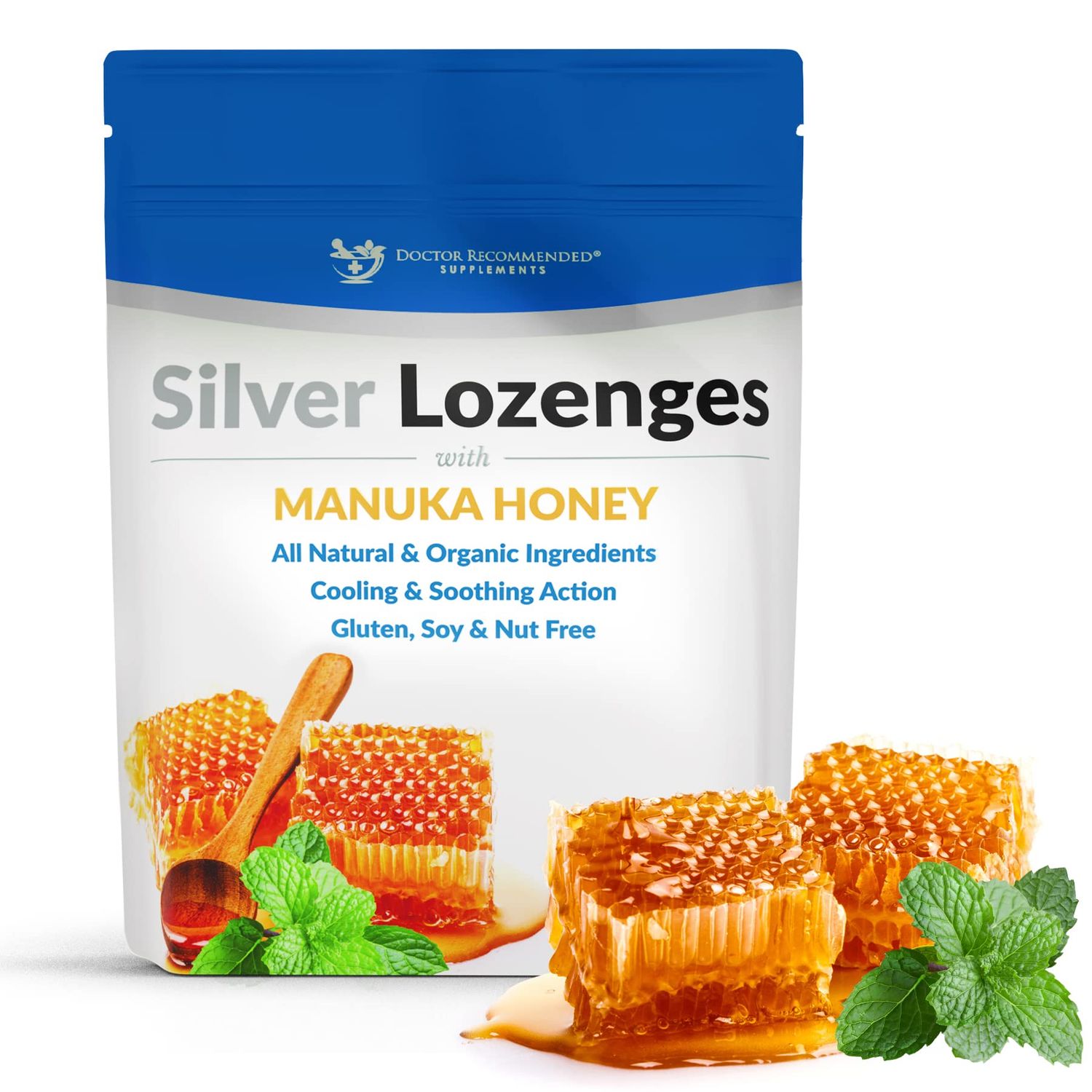 Silver Lozenges with Organic Manuka Honey and Vitamin C - All-Natural Nano Silver 45-50mcg of 60 PPM Colloidal Silver Mineral Drops to Support Immune System, Soothe, Cool Cough &amp; Throat, 24-Lozenges