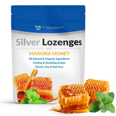 Silver Lozenges with Organic Manuka Honey and Vitamin C - All-Natural Nano Silver 45-50mcg of 60 PPM Colloidal Silver Mineral Drops to Support Immune System, Soothe, Cool Cough &amp; Throat, 24-Lozenges