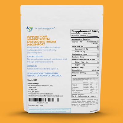 Silver Lozenges with Organic Manuka Honey and Vitamin C - All-Natural Nano Silver 45-50mcg of 60 PPM Colloidal Silver Mineral Drops to Support Immune System, Soothe, Cool Cough &amp; Throat, 24-Lozenges