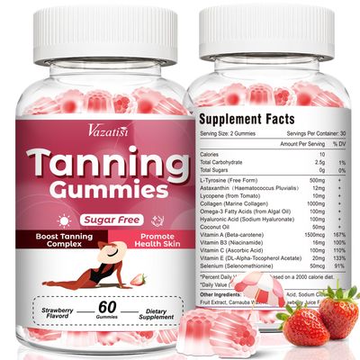 Sugar Free Tanning Gummies for Women, Supports Radiant Tan &amp; Healthy Skin, Extra Strength with Astaxanthin Lycopene Beta Carotene and Vitamins - Supports Faster Tanning, Strawberry Flavored, 60 Count