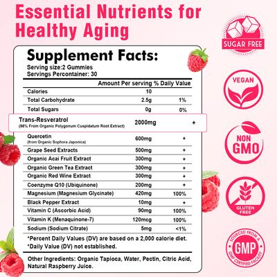 Sijigood 2000mg Organic Resveratrol Gummies for Women - Sugar Free Resveratrol-Nutritional-Supplements for Antioxidant Support, Cellular Health, Immunity, Brain & Energy, Raspberry Flavor, 120 Count