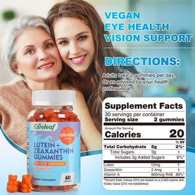 careleaf Vegan Lutein Gummies 12mg with Zeaxanthin and Vitamin A for Kids and Adults for Eye Health and Brain Function Supplement Orange Flavor