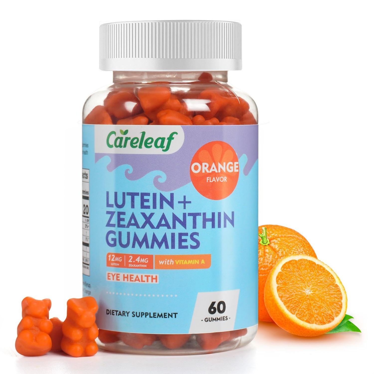 careleaf Vegan Lutein Gummies 12mg with Zeaxanthin and Vitamin A for Kids and Adults for Eye Health and Brain Function Supplement Orange Flavor