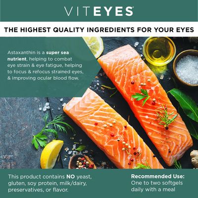 Viteyes Natural Astaxanthin, Relieve Tired Eyes & Eye Strain, Sourced from Algae, Skin Hydration, Heart & Brain Health, 4 to 8 mg Natural Astaxanthin, 90 Softgels