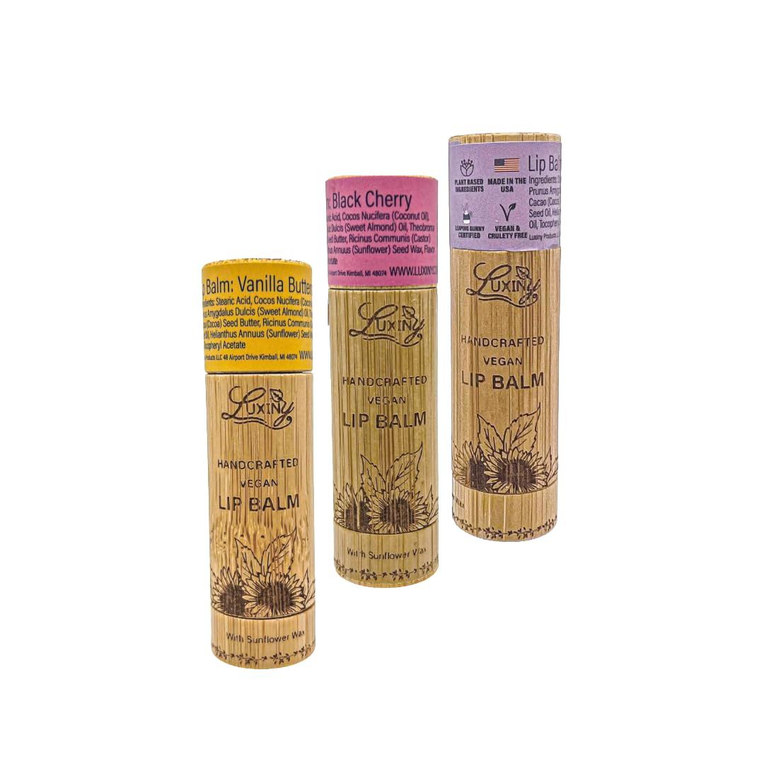 Luxiny Lip Balm 3-Pack - Vegan, Natural Moisturizing Lip Care in Bamboo Tubes with Sunflower Wax and Vitamin E (.15, Vanilla Buttercream, Black Raspberry Vanilla, Black Cherry)