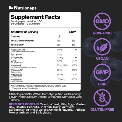 Nutrisnaps Tanning Gummies, Tanning Supplement for Adults Woman & Men, Daily Tanning Gummies for Skin Health & Pigmentation, Non-GMO, Vegan, Blueberry Flavor, 60 Gummies