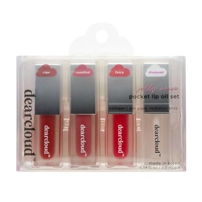 dearcloud Jelly Wave Pocket Lip Oil Set (.12 fl oz) - Lip Gloss for Women with Collagen - Korean Skincare Essential Lip Oil for Women (Set of 4)