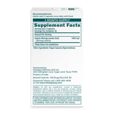 Himalaya Moringa, 60 Capsules, Green Superfood for Antioxidant Support and Wellness, 1000 mg, 1 Month Supply, Non-GMO Project Verified, Vegan, Gluten Free Supplement, Additive Free