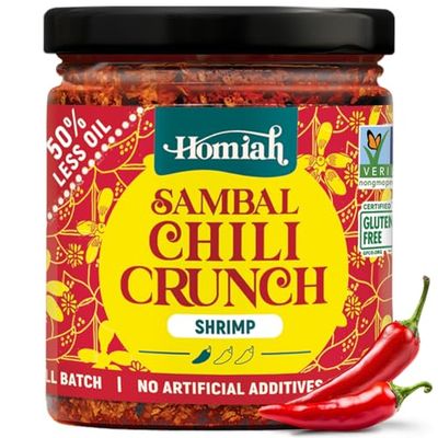 Homiah Sambal Chili Crunch, Shrimp, 6oz - Less Oil Low Sodium Gluten Free Non-GMO, Sambal Oelek Chili Paste, Shrimp Paste, Crispy Chili Crunch Topping - Mild