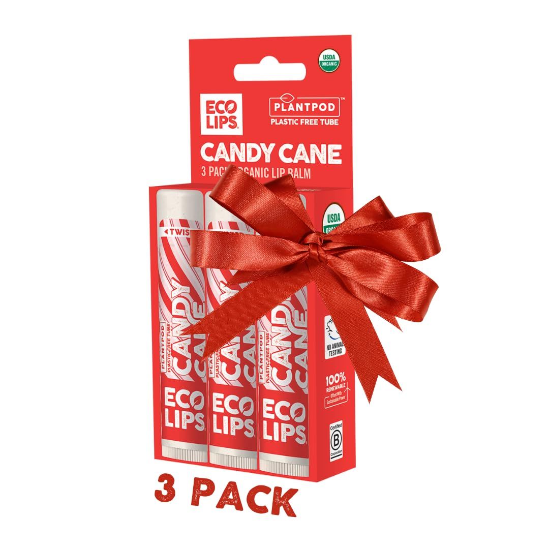 Eco Lips Organic Candy Cane Moisturizing Lip Balm - Organic Coconut Oil and Cocoa Butter - Soothe, Moisturize Dry, Cracked and Chapped Lips - 100 Plastic-Free Plant Pod Packaging - Made in USA