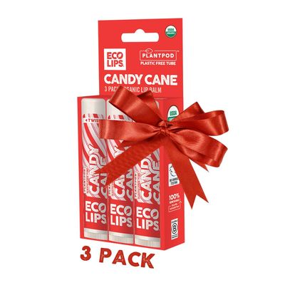 Eco Lips Organic Candy Cane Moisturizing Lip Balm - Organic Coconut Oil and Cocoa Butter - Soothe, Moisturize Dry, Cracked and Chapped Lips - 100 Plastic-Free Plant Pod Packaging - Made in USA