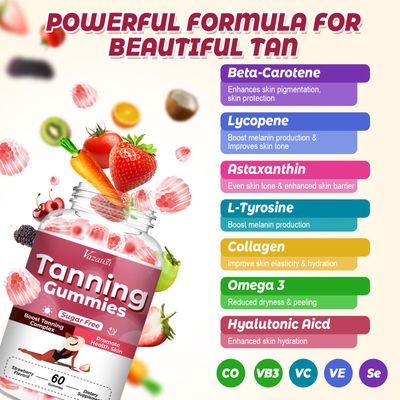 Sugar Free Tanning Gummies for Women, Supports Radiant Tan & Healthy Skin, Extra Strength with Astaxanthin Lycopene Beta Carotene and Vitamins - Supports Faster Tanning, Strawberry Flavored, 60 Count