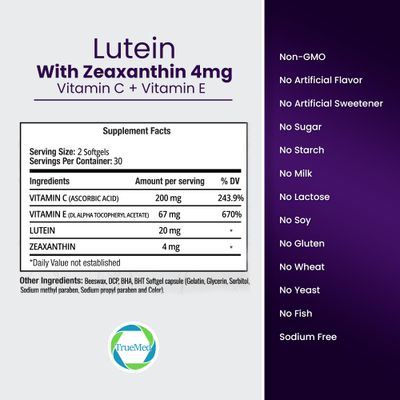 TRUEMED Lutein Vitamin C Vitamin E - 20mg Lutein with 4mg Zeaxanthin - Eye Health Support - Blue Light & UV Protection - Supports Macular & Retinal Function - 60 Softgels - USA Made - GMP Certified