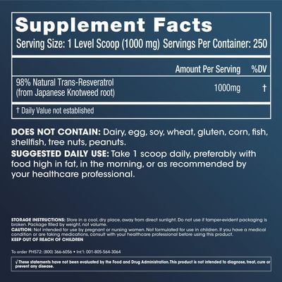 ProHealth Longevity Bulk Trans Resveratrol Powder 250 Grams - Pure Pharmaceutical Grade, 1000 mg per Scoop, Superior Absorption and Bioavailability