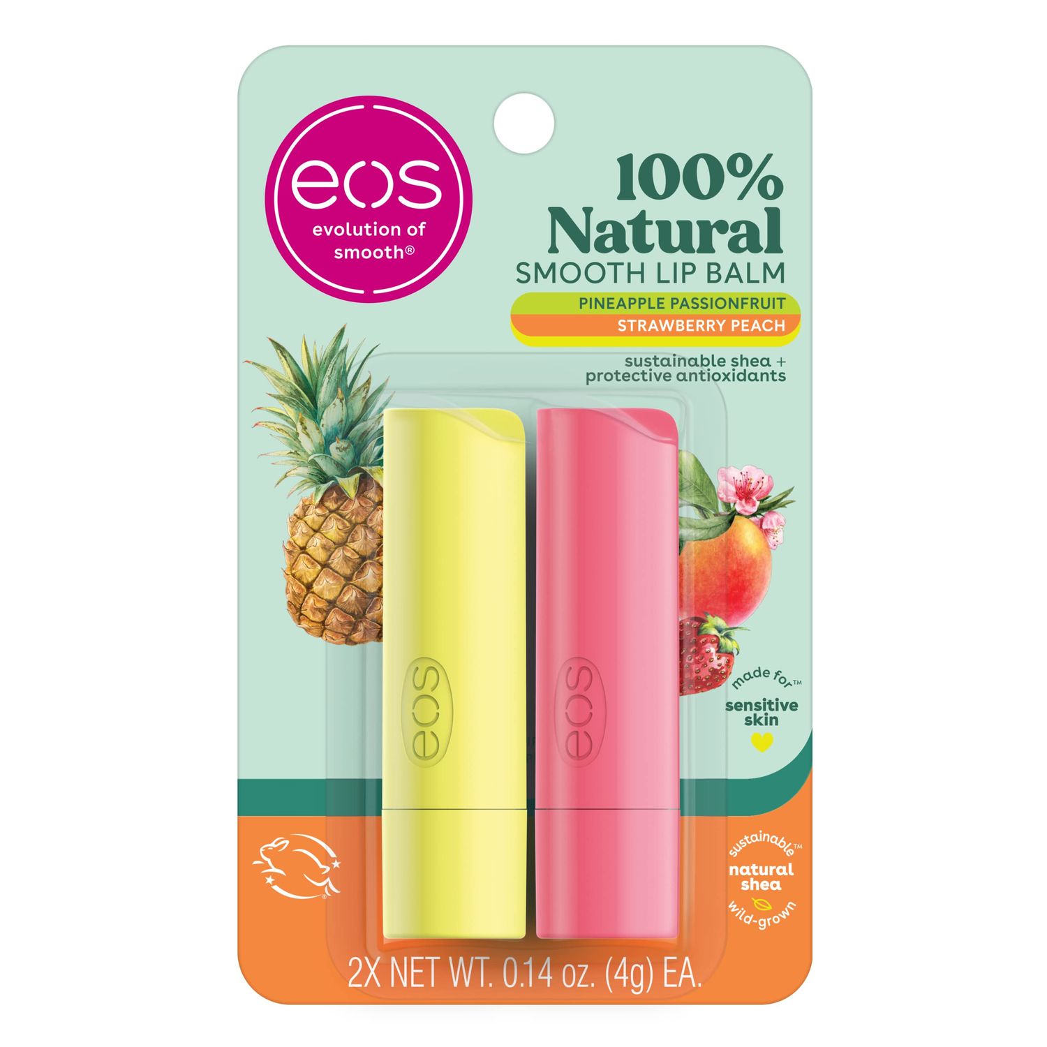eos 100 Natural Lip Balm - Strawberry Peach and Pineapple Passionfruit, Dermatologist Recommended, All-Day Moisture, 0.14 oz, 2 Pack
