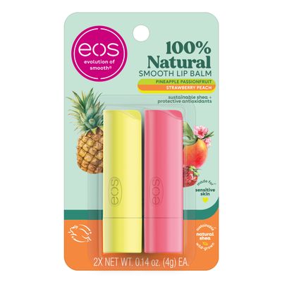 eos 100 Natural Lip Balm - Strawberry Peach and Pineapple Passionfruit, Dermatologist Recommended, All-Day Moisture, 0.14 oz, 2 Pack