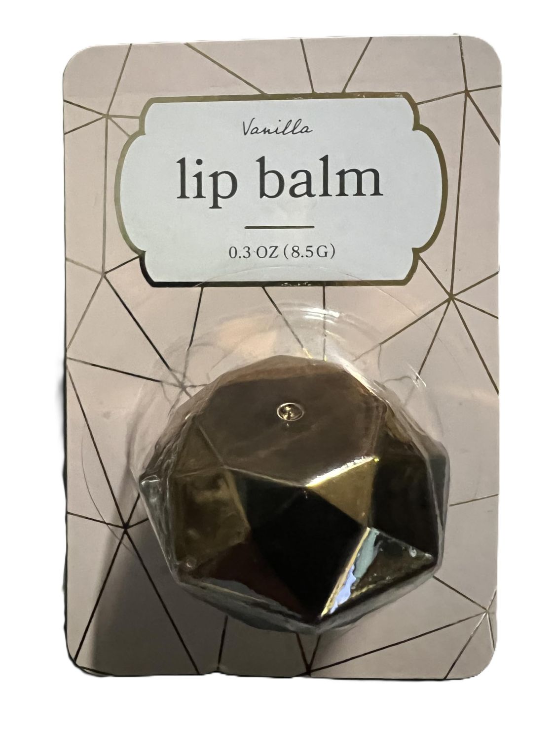 Vanilla Lip Balm, Geometric Design, 0.3 oz, Blue Crystal Shape (Gold)